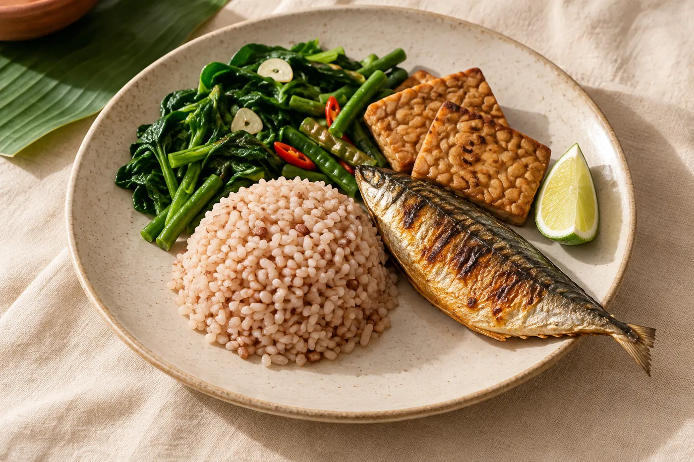 Satu piring: nasi merah, sayur, tempe, dan ikan