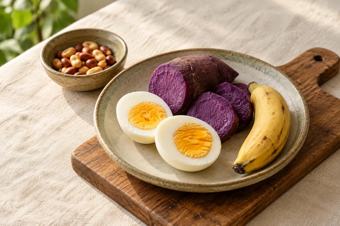 Telur rebus, ubi ungu, pisang, dan kacang