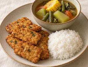 Tempe goreng tepung tipis (sedikit minyak) + sayur asem + nasi putih porsi kecil
